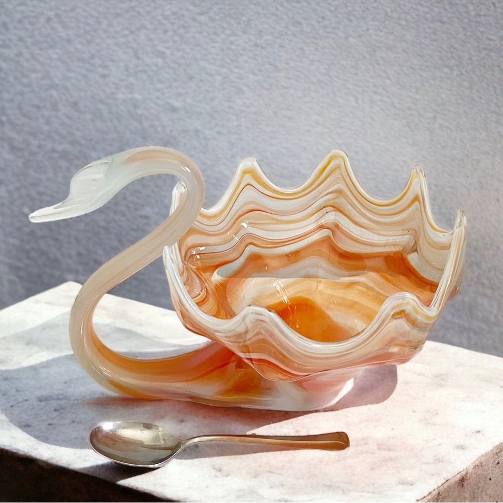 Vintage Blown Glass Sooner Swan Centerpiece Bowl Dish Murano Style Orange Swirl